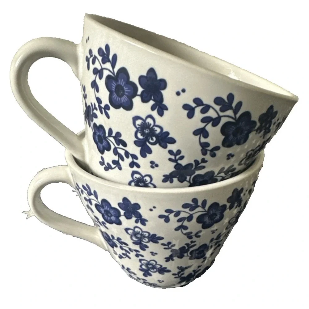 2 IKEA  Sweden Blue & White Floral Flower Coffee Tea Hot Chocolate Mug Cup 10oz